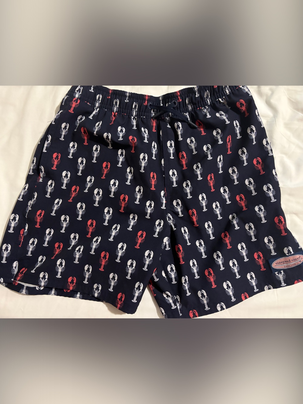 Vineyard Vines Kids Navy Swim Trunks with Red & White Lobsters